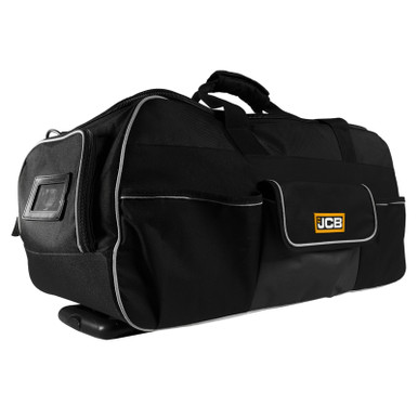 Black trolley handled kit bag by JCB features a water-resistant PU base, retractable trolley handle, and a maximum capacity of 90L, designed for durability and convenience.