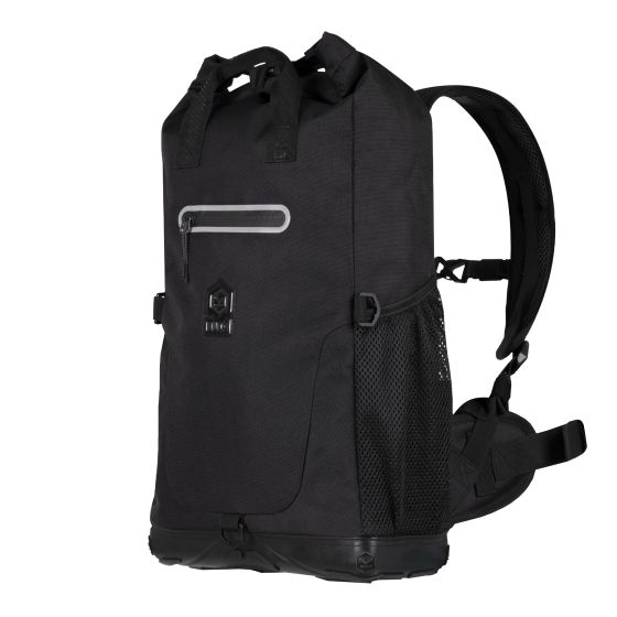 Black waterproof backpack with a roll-top closure, front zip pocket, side mesh pocket, and padded shoulder straps for comfort.