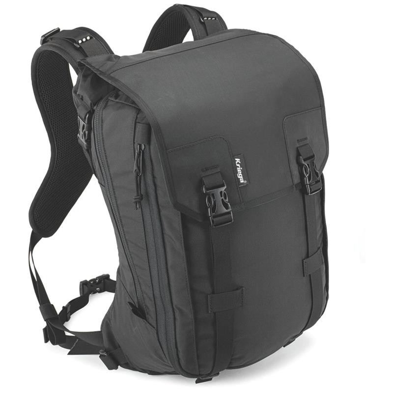 Black Kriega Max-28 backpack with a 28L capacity, featuring adjustable shoulder straps, a roll-top closure, and multiple external pockets for storage.