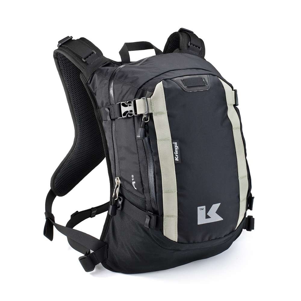 Black Kriega R15 backpack featuring a sleek design, padded mesh back, adjustable straps, reflective accents, and a prominent white logo on the front.