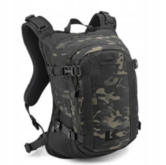 Kriega R15 Multicam backpack features a durable black fabric with a camouflage pattern, adjustable straps, and multiple compartments for storage.