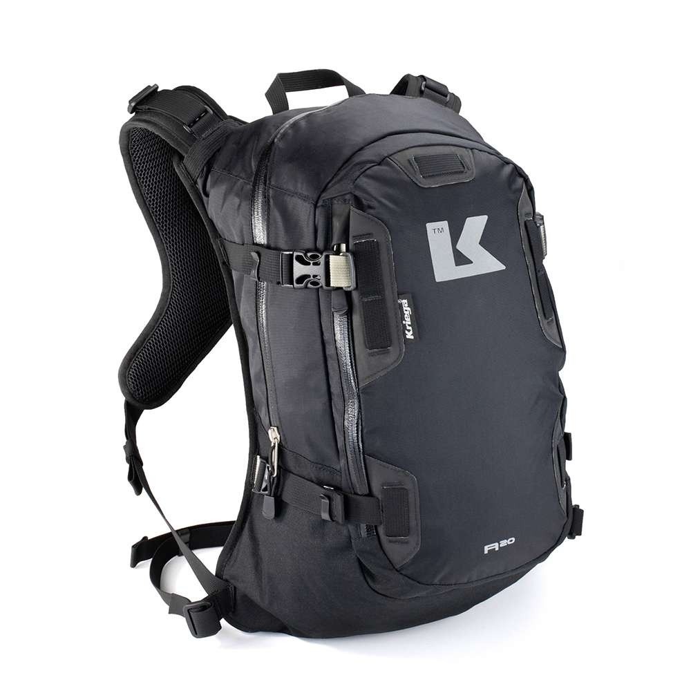 Black Kriega R20 backpack featuring a durable material, adjustable straps, ergonomic back panel, and a prominent white Kriega logo on the front.