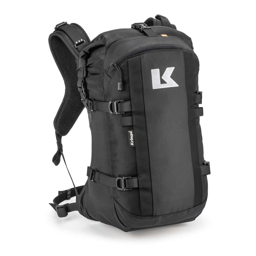 Black waterproof Kriega R22 backpack featuring a sleek design, adjustable straps, and a prominent white logo on the front, ideal for outdoor and motorcycle use.
