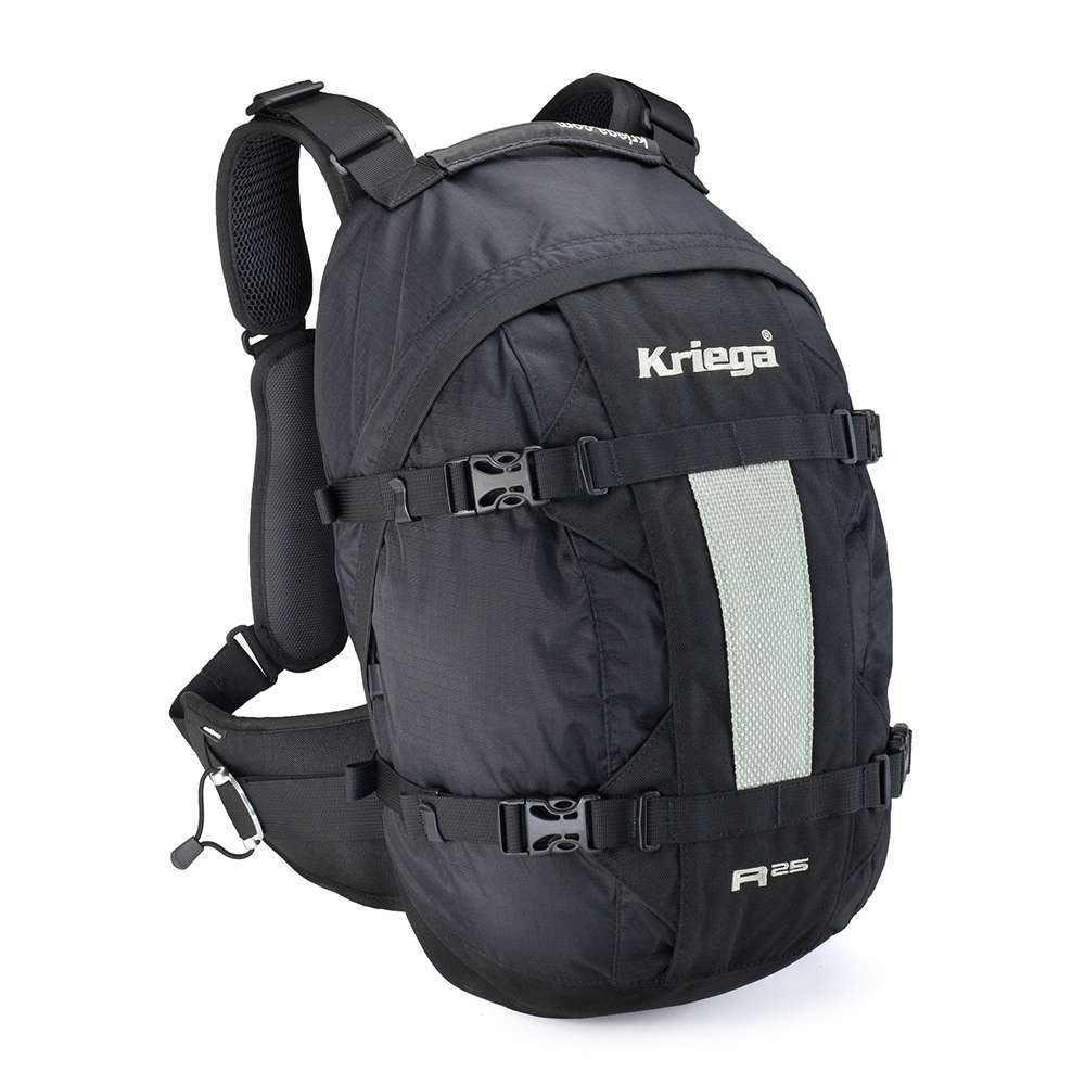 Black Kriega R25 backpack featuring a sleek design, adjustable straps, reflective strip, and durable material, ideal for outdoor and motorcycle use.
