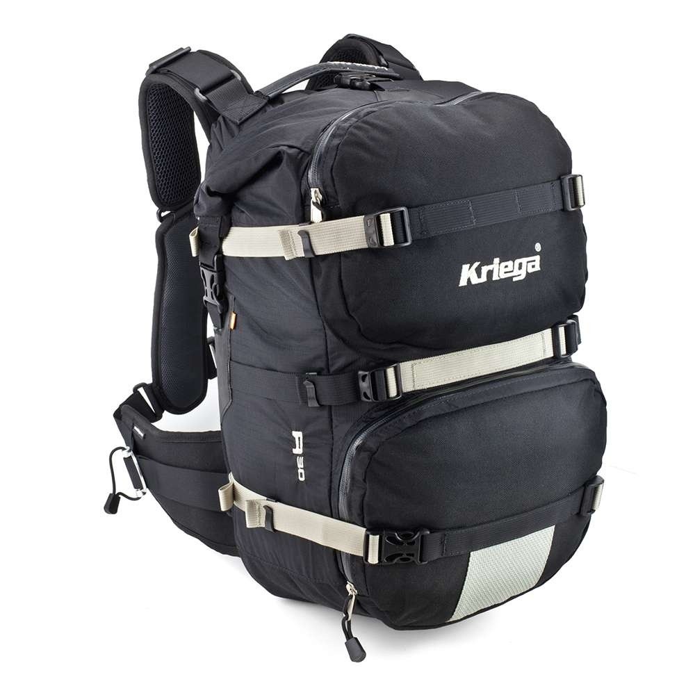 Kriega R30 waterproof backpack in black, featuring adjustable straps, multiple compartments, and reflective detailing for visibility.