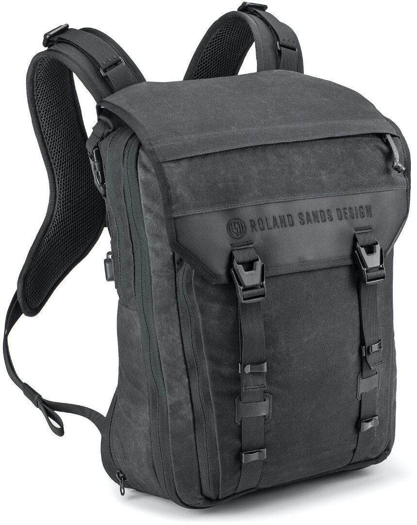 Kriega Roland Sands Design Roam 34 backpack in black, featuring a durable fabric, adjustable straps, and a sleek design with front buckles and a logo patch.