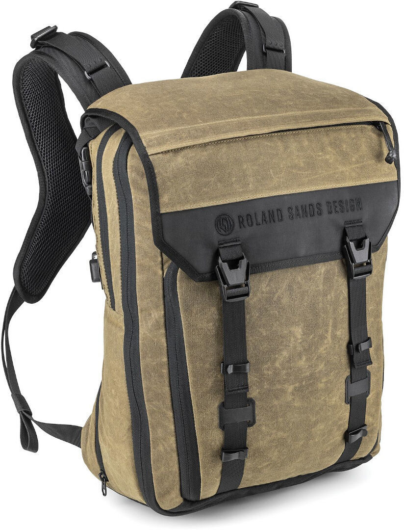 Kriega Roland Sands Design Roam 34 backpack in olive green canvas with black accents, featuring adjustable straps, a roll-top closure, and multiple compartments for storage.