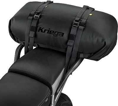 Black Kriega Rollpack waterproof bag, 40 L size, features durable material, adjustable straps, and a sleek design, mounted securely on a motorcycle seat.