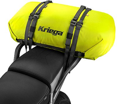 Neon-yellow Kriega Rollpack waterproof bag, 40L size, secured with black straps, positioned on a motorcycle seat, featuring a durable material and logo prominently displayed.