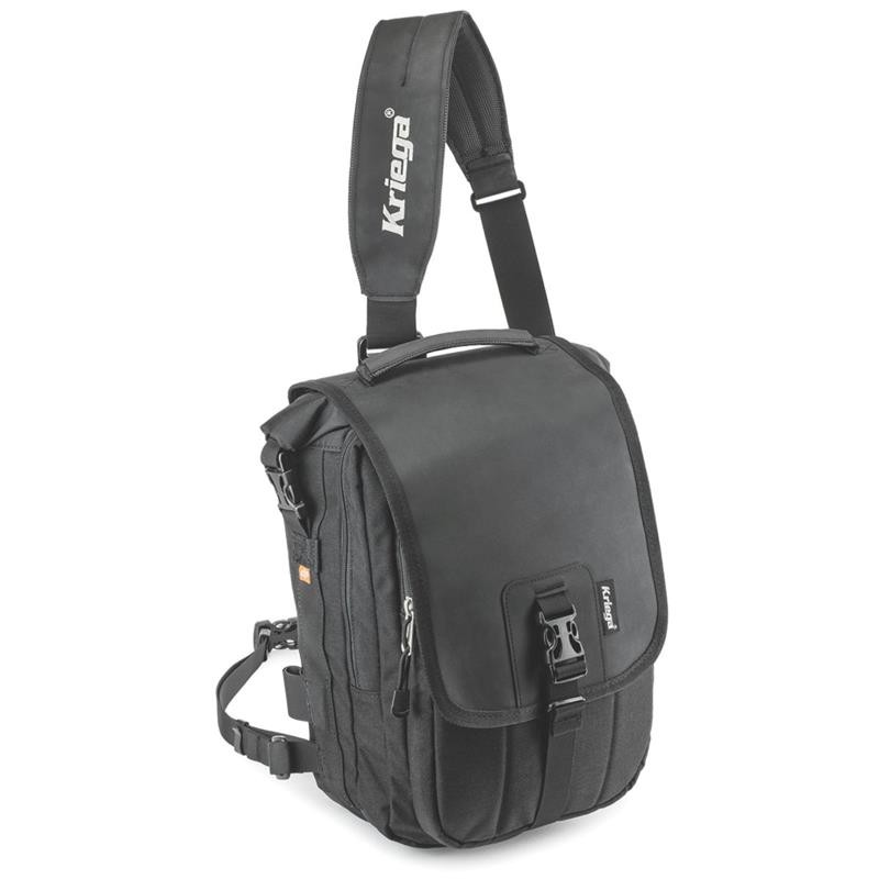 Black Kriega Sling Pro messenger bag with a 9L capacity, featuring a padded shoulder strap, adjustable buckle closure, and multiple zippered compartments for organization.