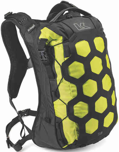 Kriega Trail 18 backpack in neon green and black, featuring a hexagonal pattern, adjustable straps, and a 18-liter capacity for outdoor adventures.