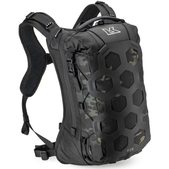 Kriega Trail 18 backpack in black, olive, and dark grey, featuring a waterproof design, hexagonal back panel, and adjustable shoulder straps, with a capacity of 18 liters.