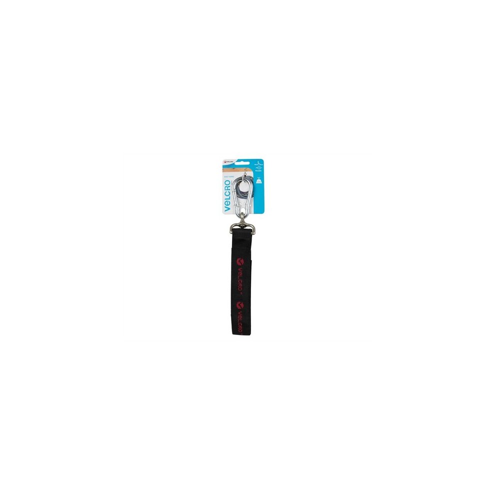 Black Velcro strap with a silver metal clip, measuring 25mm x 830mm, packaged on a blue and white card with the Velcro logo prominently displayed.