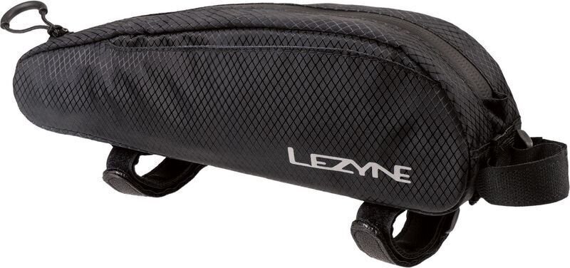 Black Lezyne Aero Energy Caddy featuring a sleek, aerodynamic design with a textured exterior, zippered closure, and adjustable straps for secure attachment to a bicycle frame.