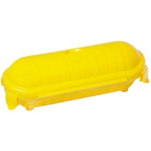 Bright yellow waterproof pouch with a rounded design, made of durable plastic, featuring a secure closure and a small hole for attachment or ventilation.