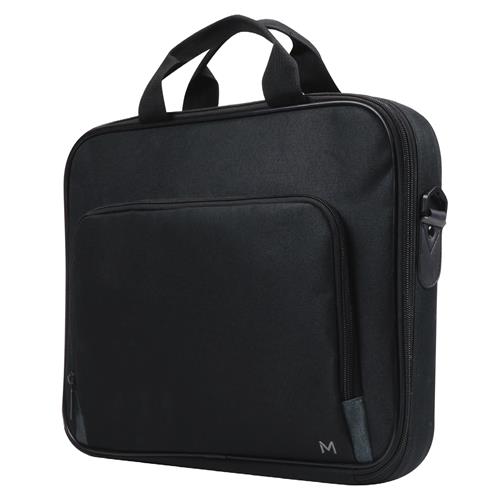 Black clamshell briefcase with dual handles, a front zip pocket, and a padded interior designed to fit laptops sized 14-15.6 inches, made from durable fabric.