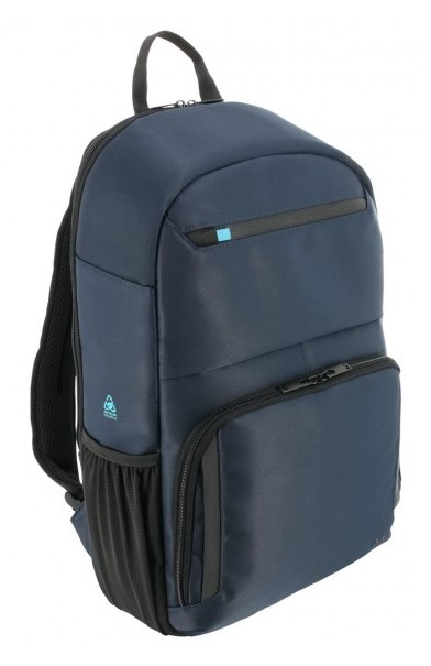 Casual backpack in navy polyester with a black bottom, featuring a front zipper pocket, adjustable straps, and a top handle for easy carrying.