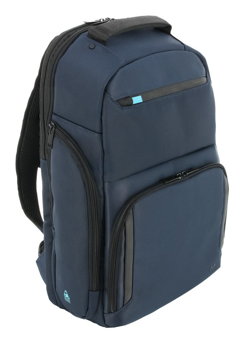 Navy blue premium backpack with multiple compartments, black zippers, padded shoulder straps, and a sleek design, suitable for 14-16'' laptops.