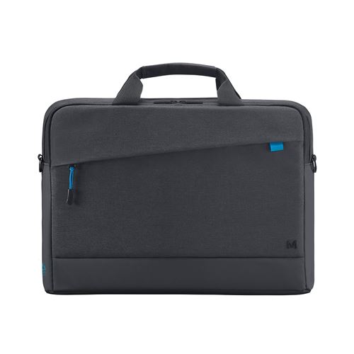 Black Mobilis 025028 laptop case, designed for 16" laptops, features a sleek exterior with a zippered compartment, a top handle, and a pop of blue accent.