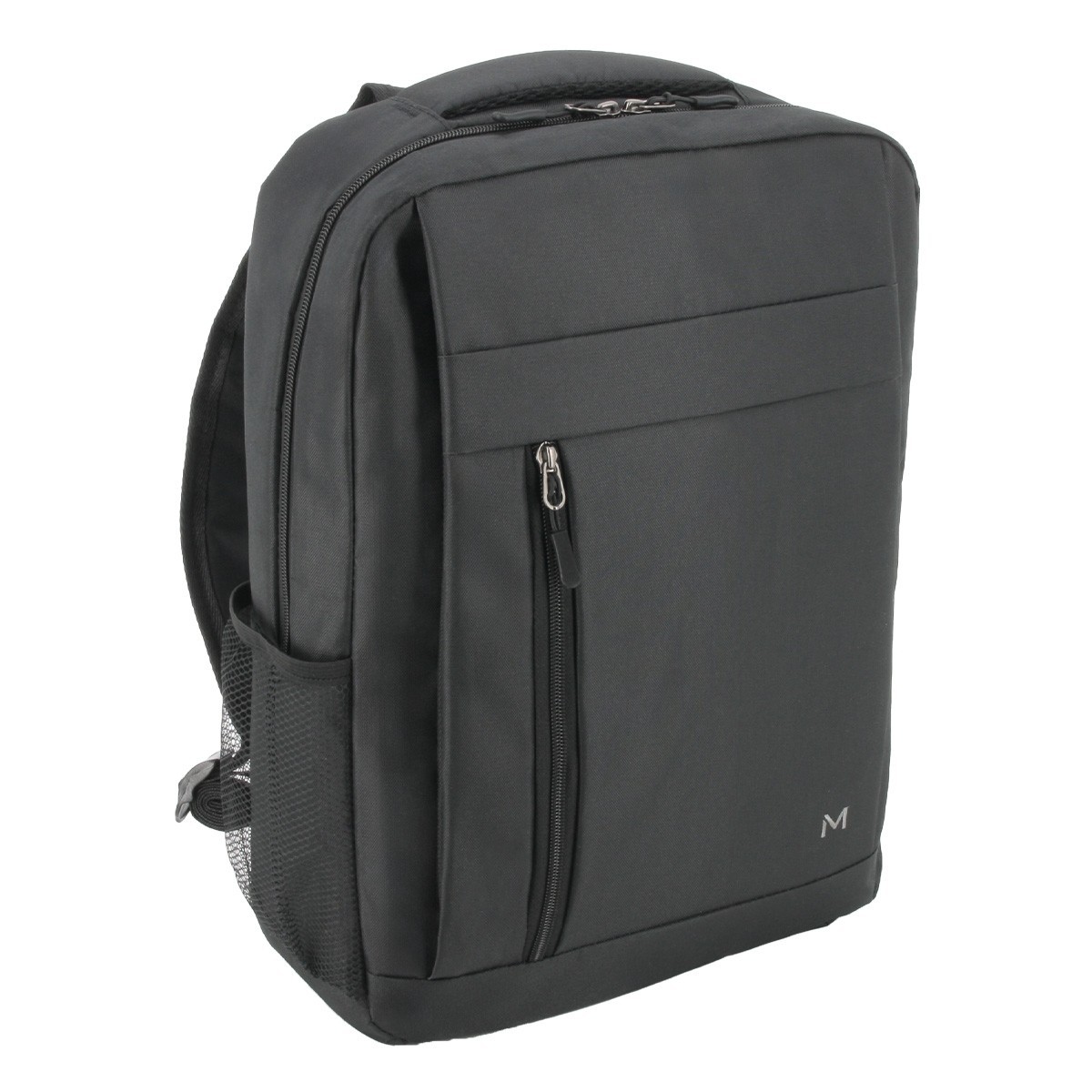Black Mobilis Essential backpack, 40.6 cm (16"), featuring a sleek design, front zip pocket, side mesh pocket, and padded shoulder straps for comfort.