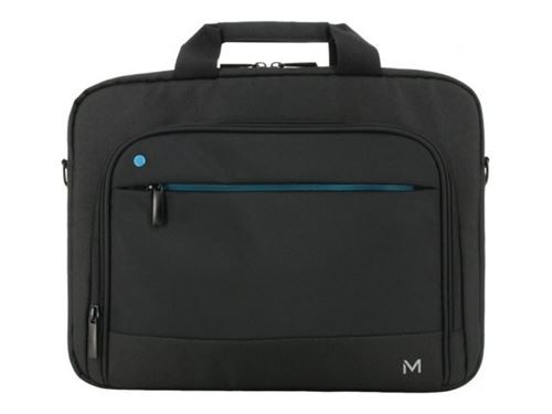 Black Mobilis briefcase with a 35.6 cm (14") size, featuring a front zippered pocket, blue accent, and dual handles for easy carrying.