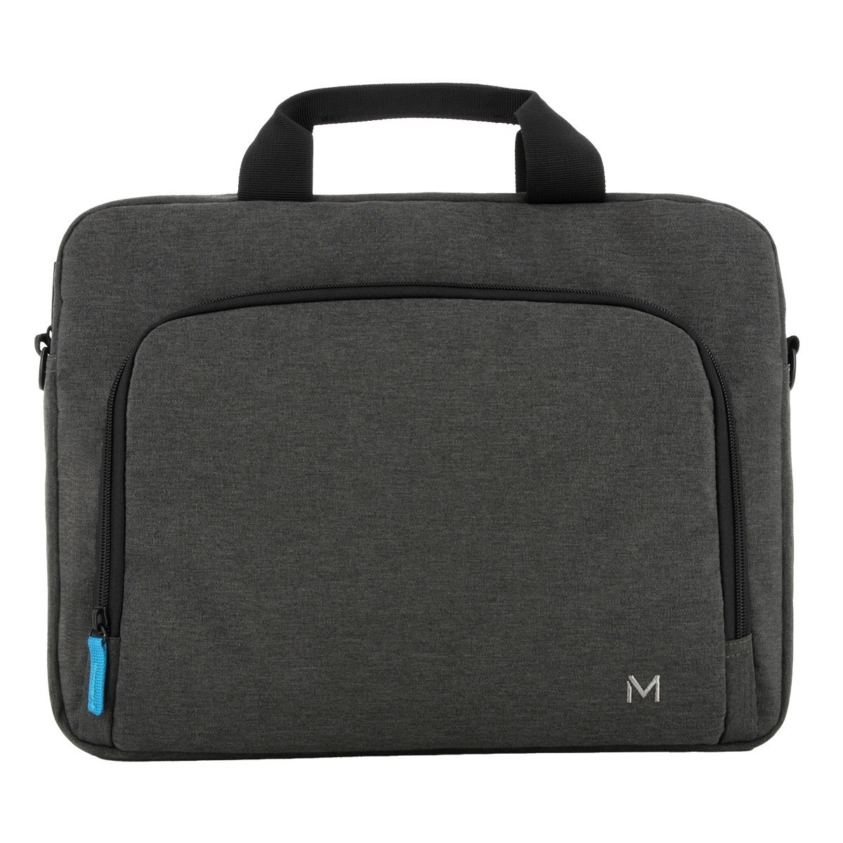 Dark grey briefcase with a textured fabric, featuring a front zip pocket, dual top handles, and a blue zipper pull, suitable for a 14-inch laptop.