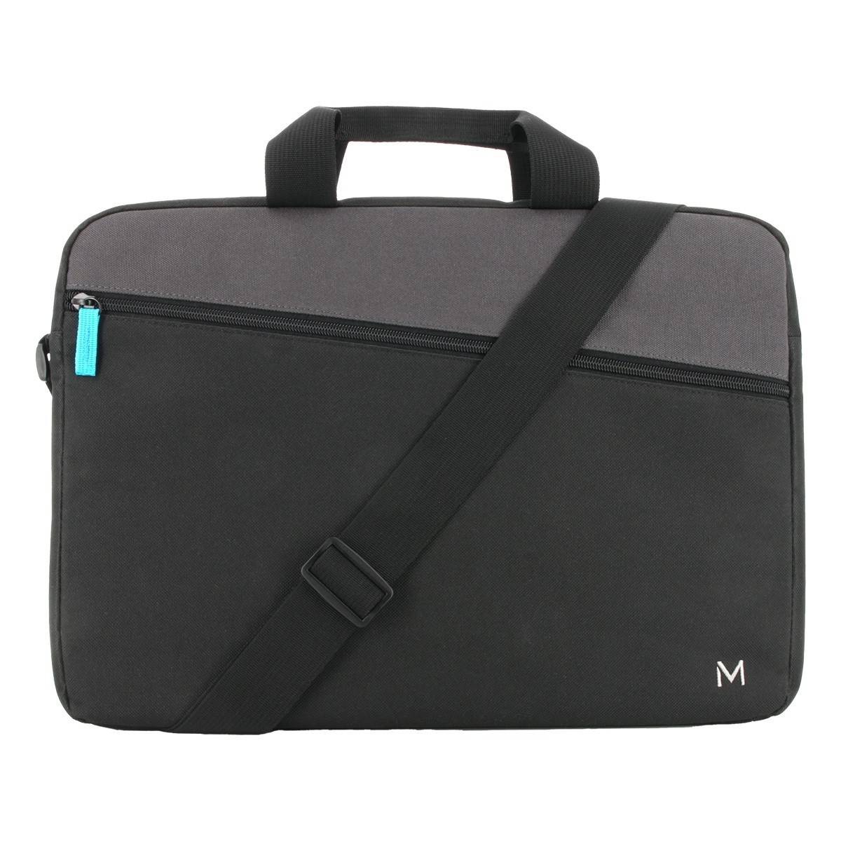 Black and grey Mobilis briefcase with a 35.6 cm (14") size, featuring a top handle, adjustable shoulder strap, and a front zip pocket with a blue zipper pull.