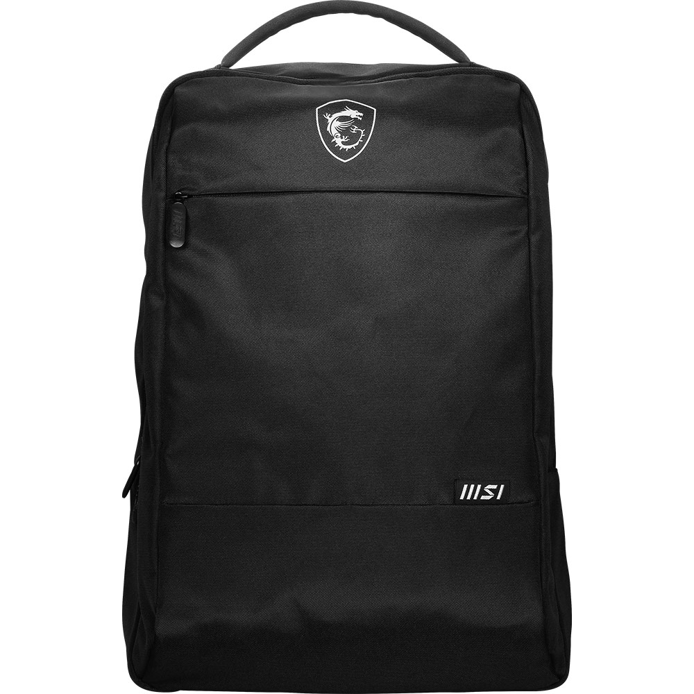 Black MSI Essential Backpack featuring a sleek design, a prominent MSI logo on the front, and a zippered compartment for secure storage.