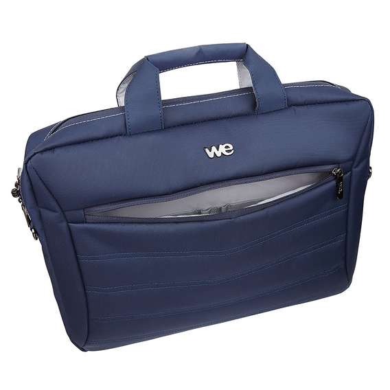 Navy blue 15.6" notebook case with a sleek design, featuring a front zip pocket, dual handles, and a subtle WE logo on the front.
