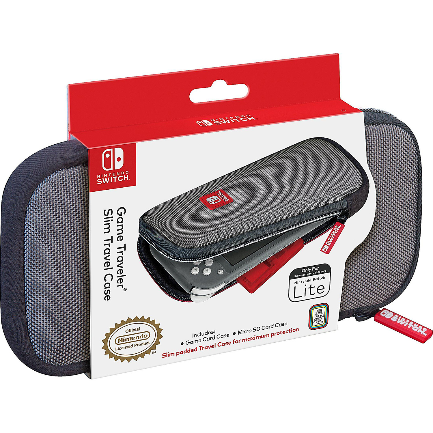 NSL Official Travel Pouch for Nintendo Switch in gray and black, featuring a slim design, padded interior, and compartments for game cards and micro-SD cards.