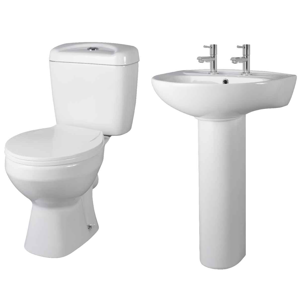 White ceramic toilet and pedestal basin set featuring sleek lines, a modern design, and dual chrome taps on the basin for a contemporary bathroom aesthetic.