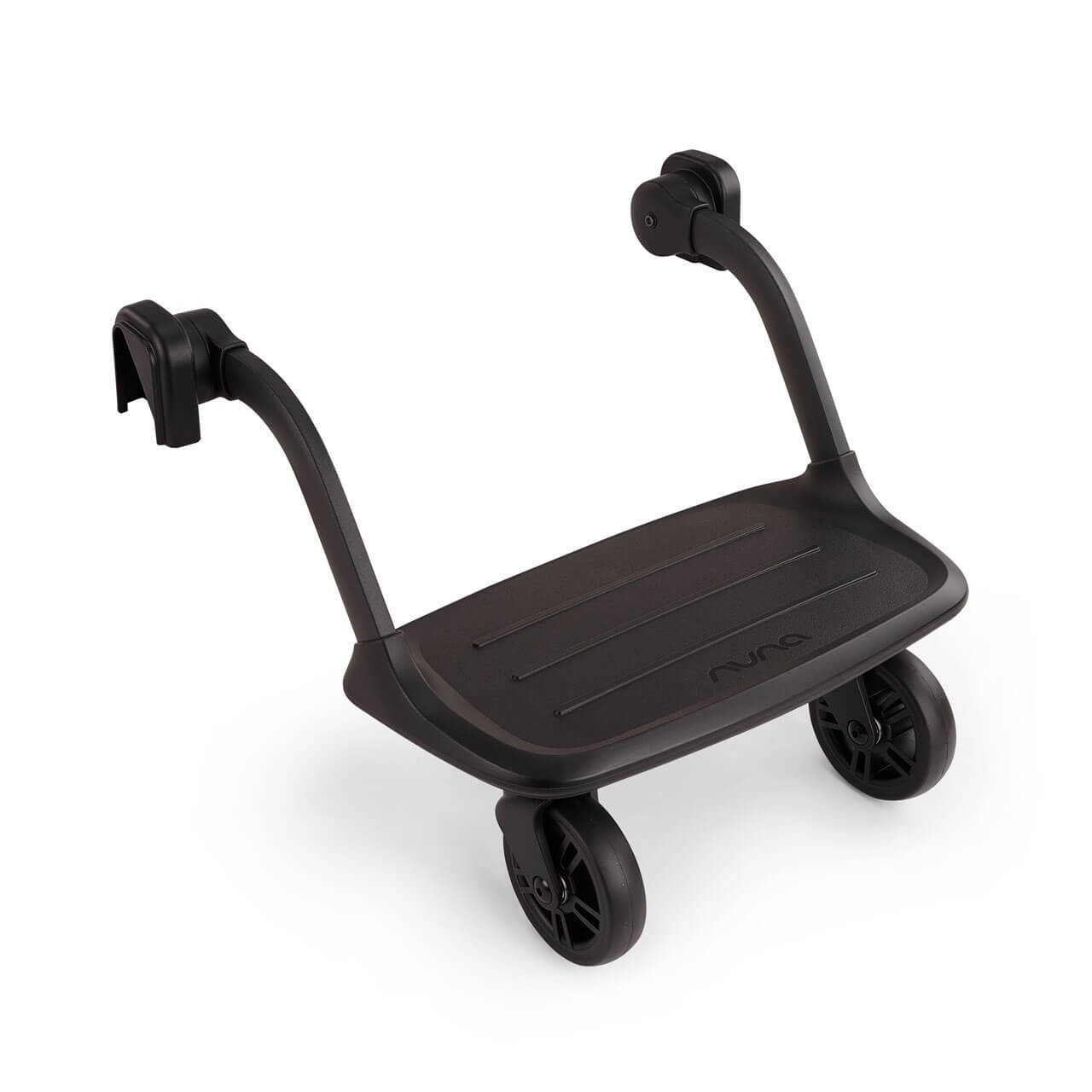 Black Nuna Demi Next Rider Board with a smooth, flat surface, two sturdy wheels, and adjustable connectors for easy attachment to strollers.