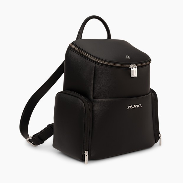 Stylish black Nuna BMW diaper bag made of durable material, featuring a sleek design, zippered top, and spacious front pockets for easy access.
