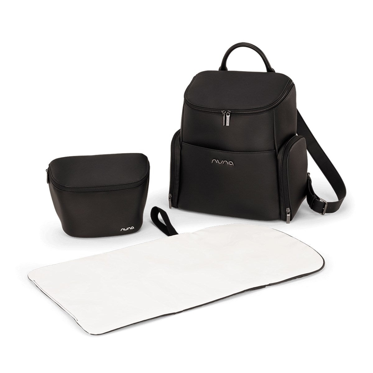 Stylish black Nuna Essential Bag made of durable material, featuring a spacious main compartment, a smaller detachable pouch, and a foldable changing mat.