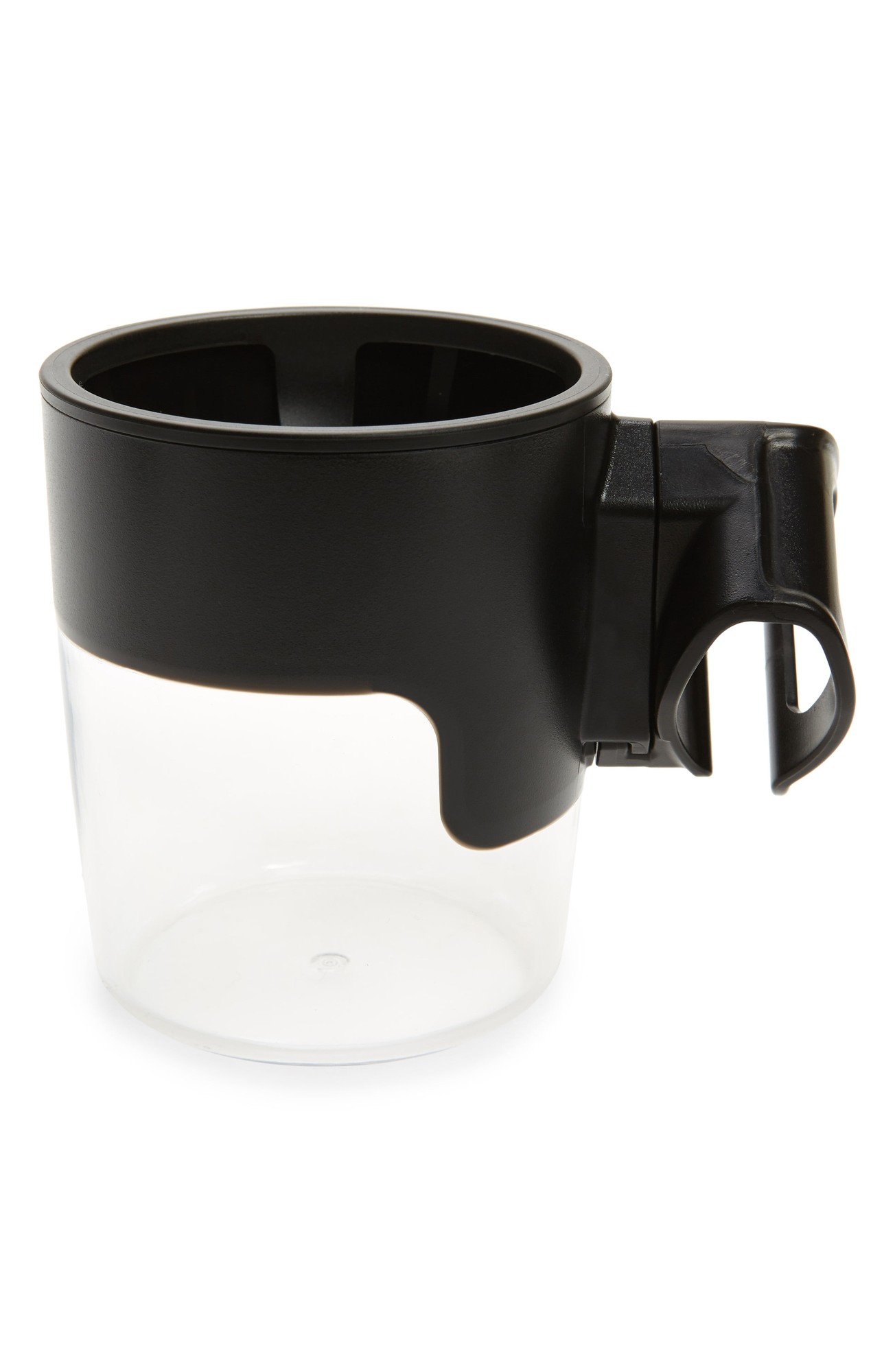 Black and clear plastic cup holder designed for Nuna MIXX and Demi Grow strollers, featuring a secure clip for attachment and a spacious interior for beverages.