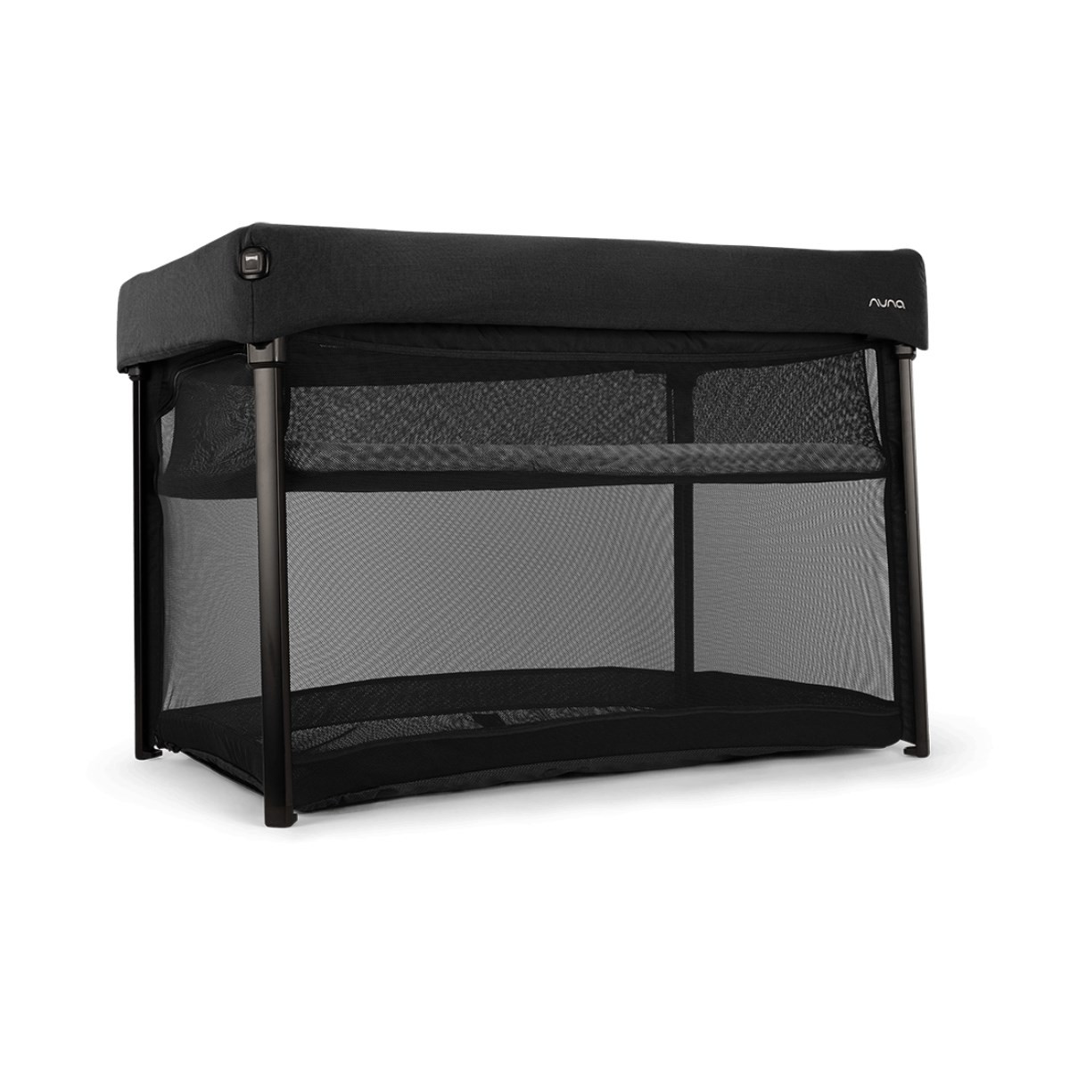 Black Nuna PAAL Travel Cot featuring a sturdy frame, breathable mesh sides for visibility and airflow, and a sleek, modern design suitable for travel.