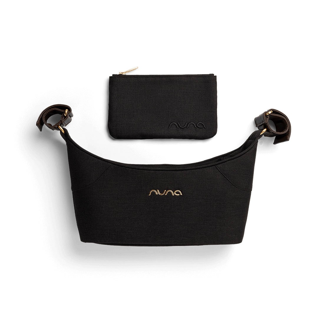 Black Nuna Stroller Organiser made of durable fabric, featuring a sleek design with gold logo and detachable zippered pouch for added storage convenience.