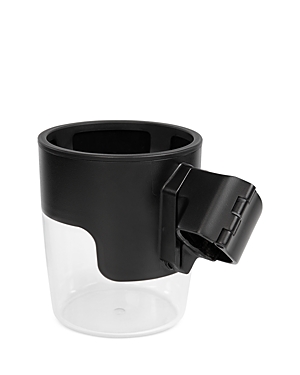 Black plastic cup holder with a clear bottom, featuring a clip attachment for easy mounting on strollers or car seats.