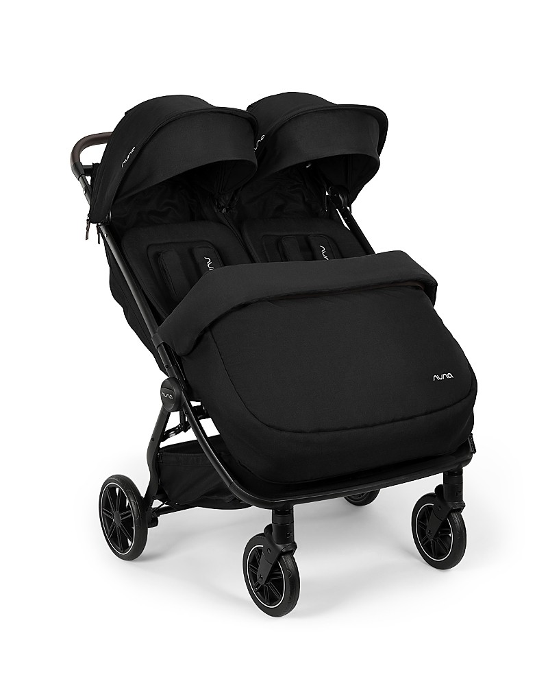 Black Nuna Trvl Dubl Footmuff designed for double strollers, featuring a cozy, padded interior and adjustable covers for warmth and comfort during outings.