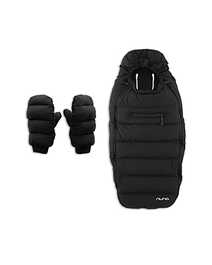 Black Nuna Winter Stroller Set featuring a padded footmuff with a zip pocket and matching insulated mittens, designed for warmth and comfort in cold weather.