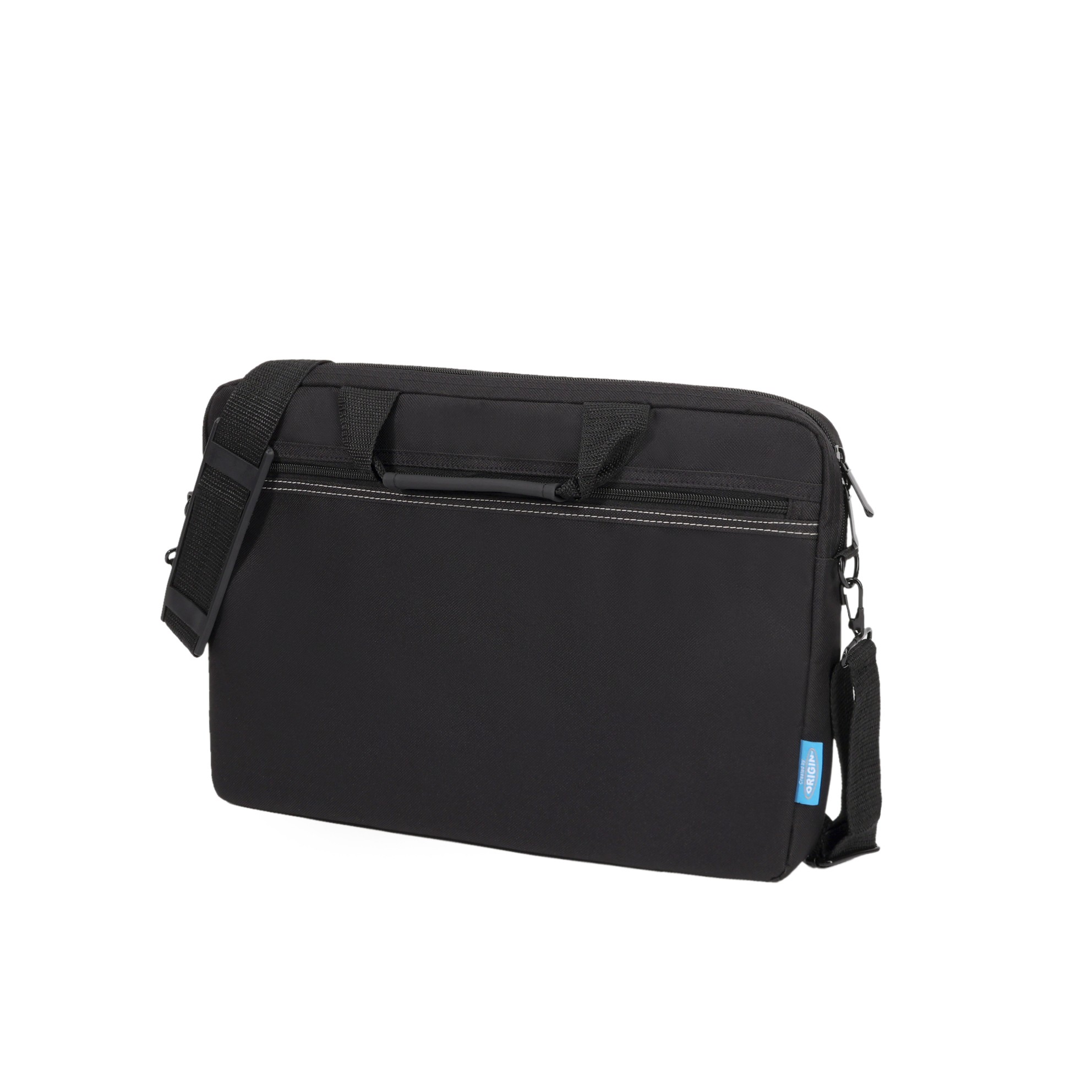 Sleek black laptop bag designed for 13-14 inch devices, featuring dual handles, an adjustable shoulder strap, and a zippered front pocket for accessories.
