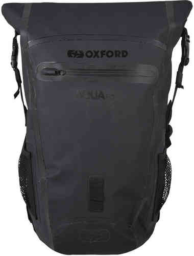 Black waterproof backpack with a roll-top closure, featuring a front zip pocket, mesh side pockets, and adjustable straps, designed for outdoor use with a capacity of 25 liters.
