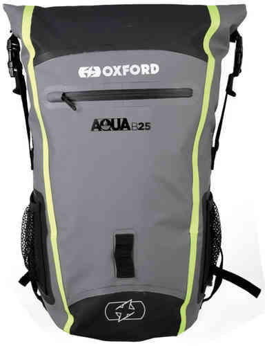 Waterproof grey and black Oxford Aqua B-25 backpack with a roll-top closure, reflective accents, and mesh side pockets, featuring a 25 L capacity.