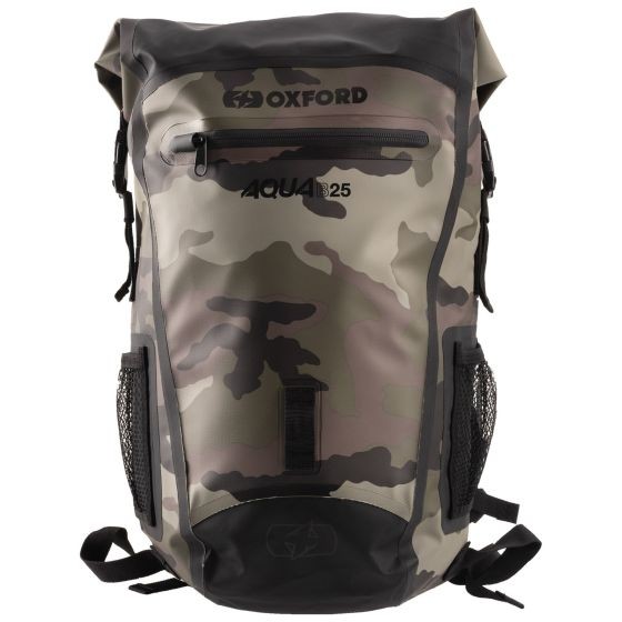 Waterproof olive, brown, and black backpack with a roll-top closure, front zip pocket, and mesh side pockets, featuring a 25L capacity by Oxford.