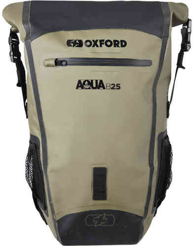 Waterproof olive and black backpack with a roll-top closure, front zip pocket, and mesh side pockets, featuring the Oxford logo and Aqua B-25 branding.