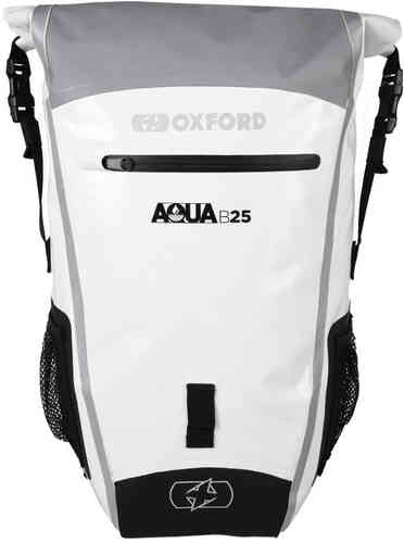 White and grey waterproof Oxford Aqua B-25 Hydro Backpack with a roll-top closure, adjustable straps, front zip pocket, and mesh side pockets, designed for outdoor use.