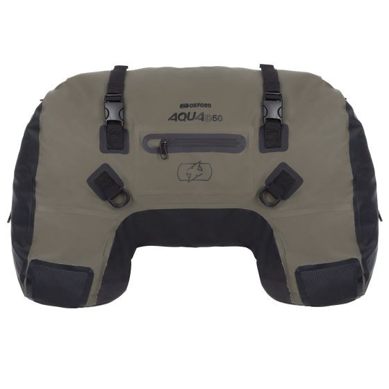 Khaki and black Oxford Aqua D-50 Roll Bag, 50L capacity, featuring waterproof material, adjustable straps, and mesh pockets for easy access.