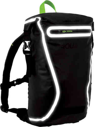 Black waterproof Oxford Aqua Evo 12L backpack featuring reflective accents, a roll-top closure, adjustable straps, and a bright green handle on top.
