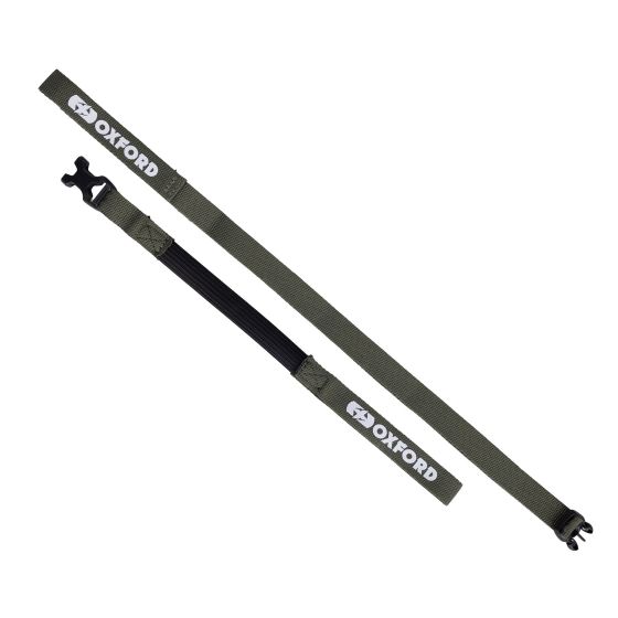 Self-tensioning straps in olive green and black, featuring durable material, designed for secure fastening, measuring 26 mm x 1 inch, branded with the Oxford logo.