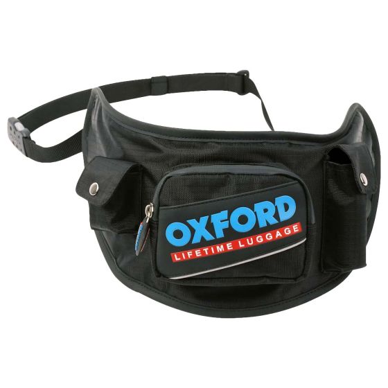 Black Oxford retro waist bag featuring a large front pocket with a bold "OXFORD" logo, two side pockets, and an adjustable strap for a secure fit.